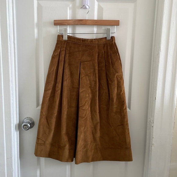 Vintage Pleated Chestnut Corduroy A-Line Midi Skirt - Picture 1 of 4